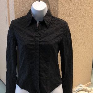 ASHLEY EYELIT BELL SLEEVED BLACK SHIRT. Size S